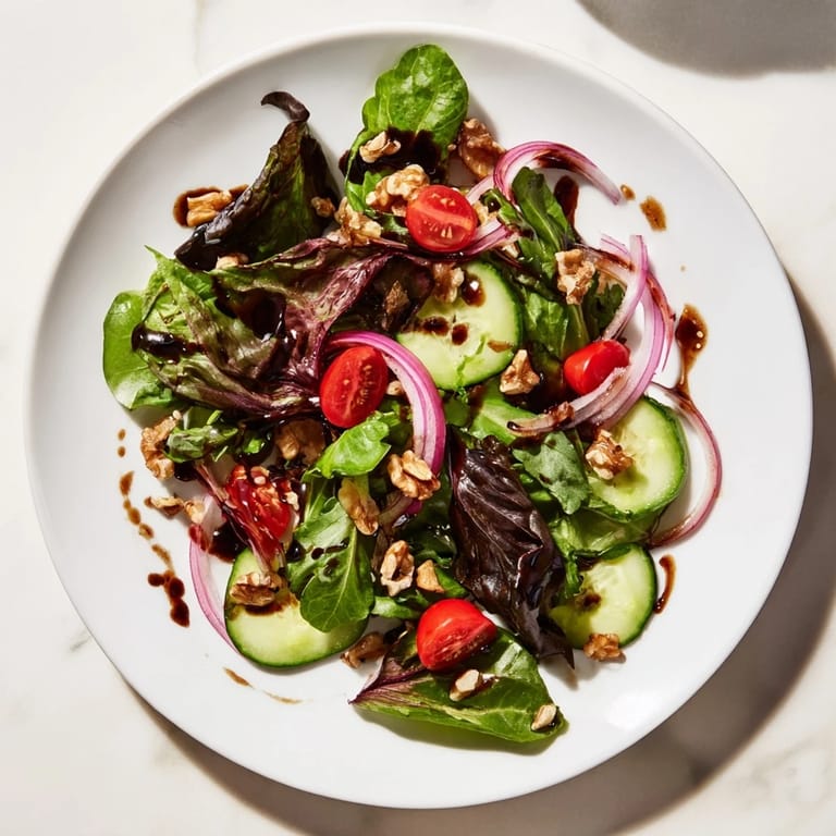 Bright red tomatoes and crunchy cucumber in a Quick Balsamic Vinegar Salad, ready to serve!