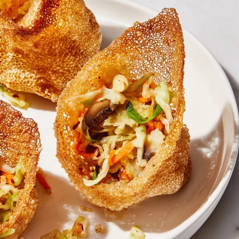Savory Crispy Rice Paper Dumplings, served hot, ready to be dipped into a flavorful sauce.