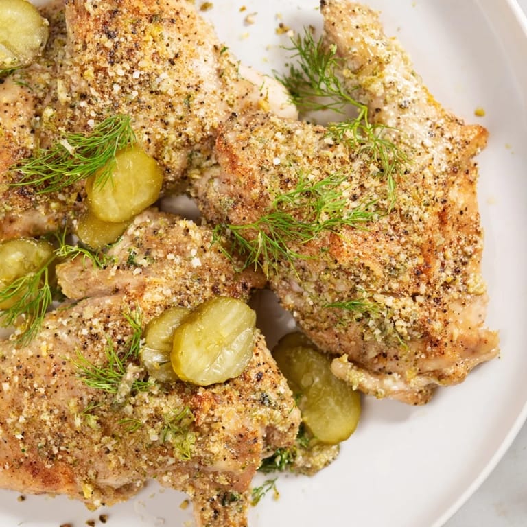 Oven-baked Pickle Ranch Chicken with crispy edges, smelling of garlic and smoky paprika for a delicious dinner.