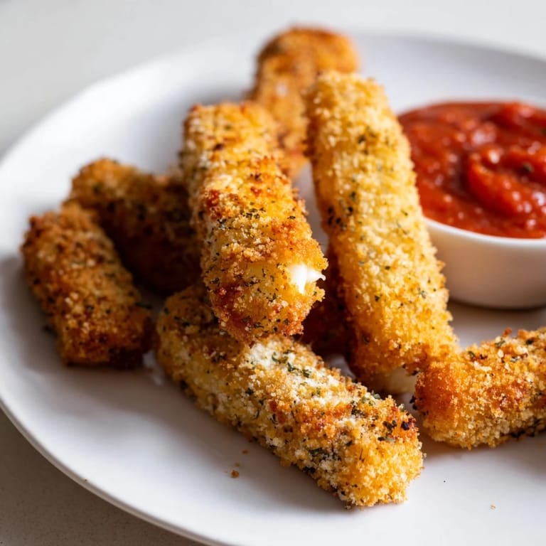 Melted, stringy cheese inside crunchy air fryer mozzarella sticks, a delicious game-day appetizer.