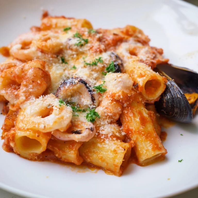 A steaming plate of Seafood Pasta Bake with melted cheese, perfect for a cozy dinner.