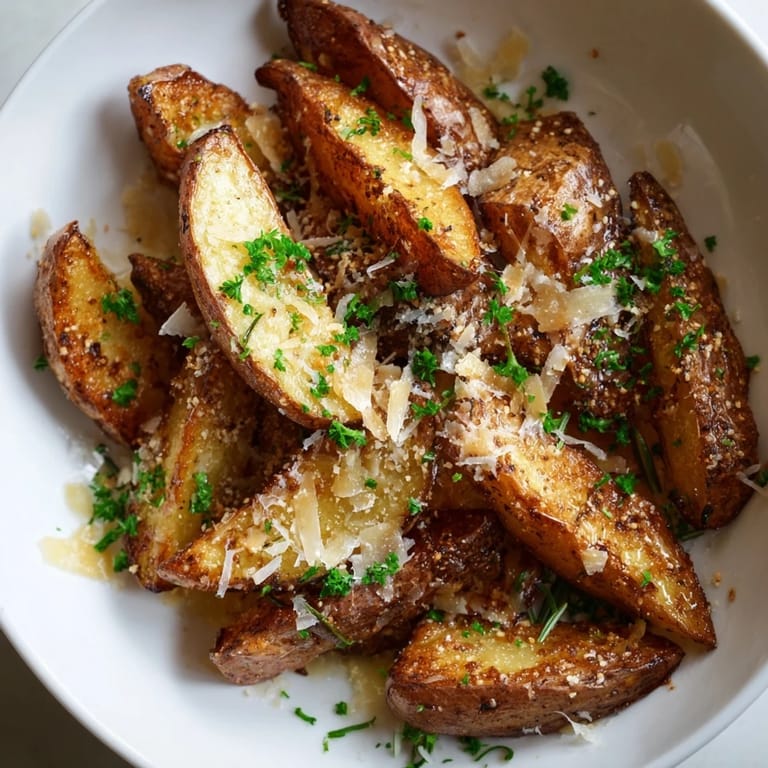 Oven-baked Rosemary Parmesan Potato Wedges: The image shows perfectly crisp, golden potato wedges ready to eat.