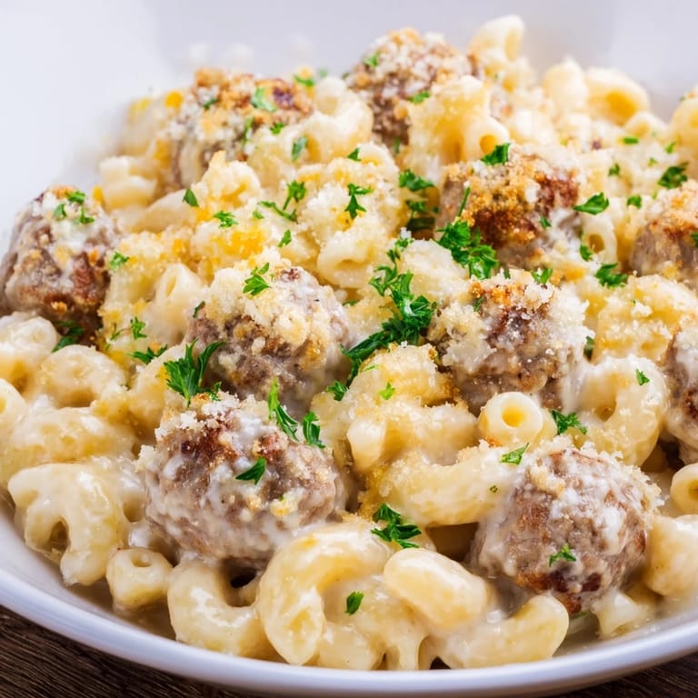 A close-up of a richly flavored Mac & Cheese Meatball Bake, perfect for a cozy family dinner.