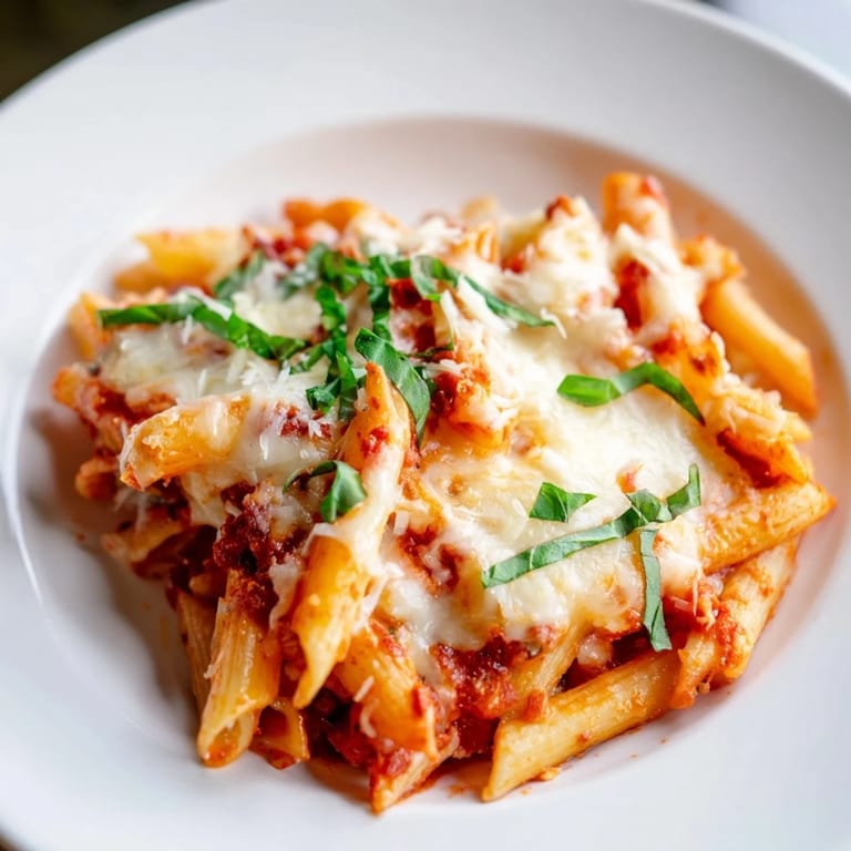 A close-up of steaming Penne Arrabbiata, highlighting the spicy red sauce and bubbly, melted cheese.