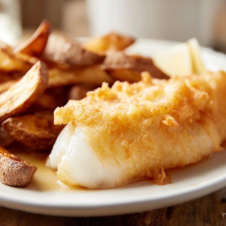 Imagine perfectly cooked British fish and chips: flaky, tender fish in crunchy, golden batter with salty fries.