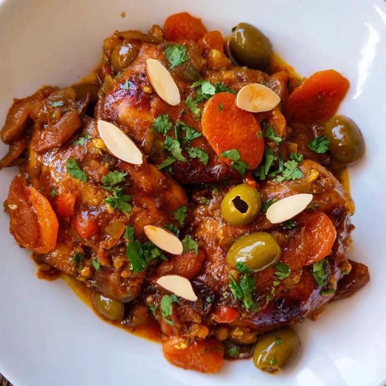 A steaming bowl of Moroccan Tagine Chicken, garnished with fresh cilantro and toasted almonds.