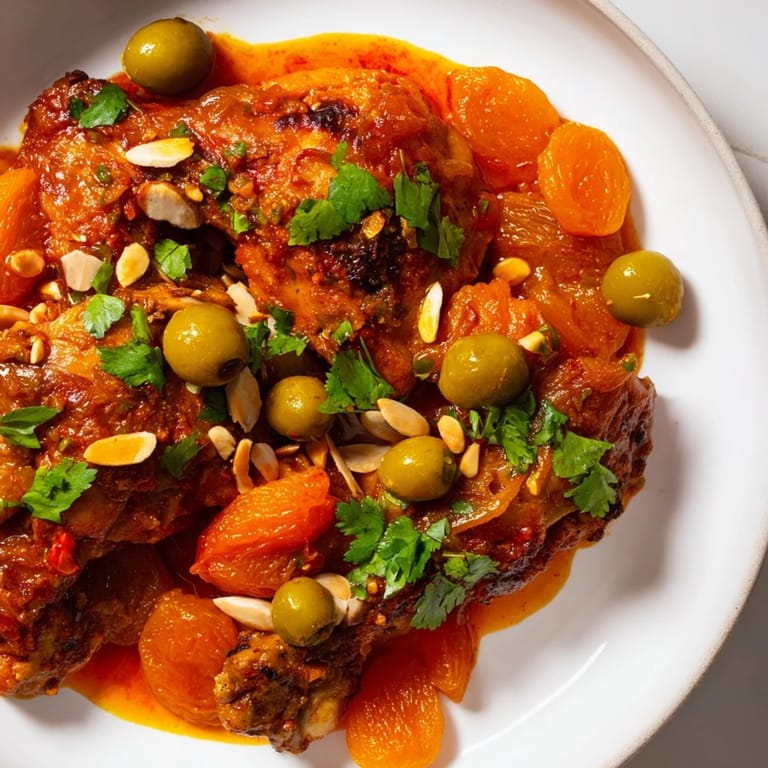 Close-up of a flavorful Moroccan Tagine Chicken, showing the perfectly cooked chicken and simmering sauce.