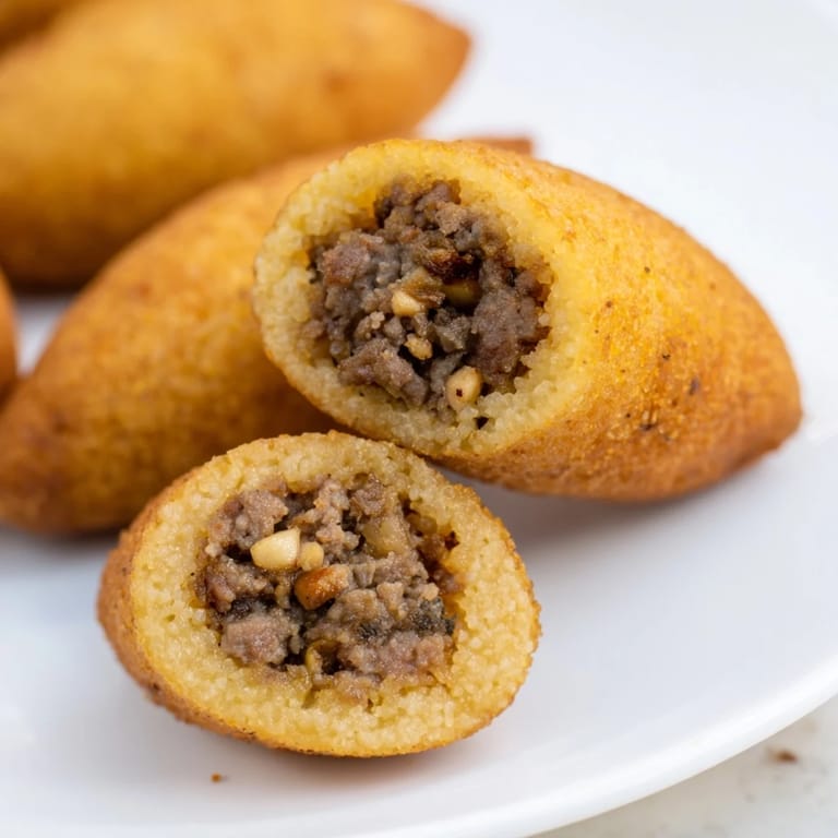 Close-up of baked Lebanese Kibbeh, revealing the flavorful meat and bulgur dough's texture.