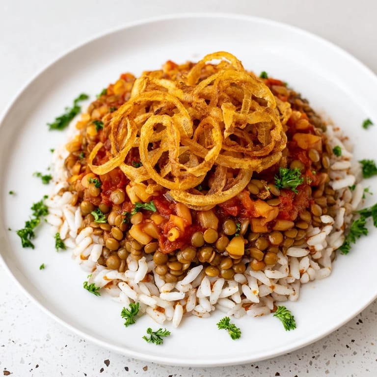 Imagine the textures – fluffy rice with lentils and pasta in this delicious Egyptian Koshari dish.
