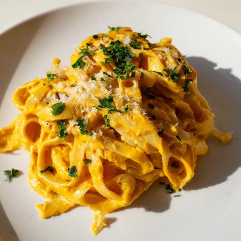 A cozy bowl of butternut squash pasta with a velvety sauce, perfect for a plant-based dinner.