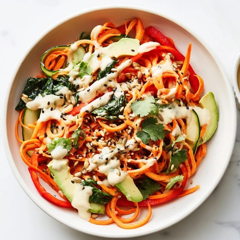 Vibrant Carrot Noodle Skincare Bowl, a vegan lunch with a creamy tahini dressing, looks delicious.