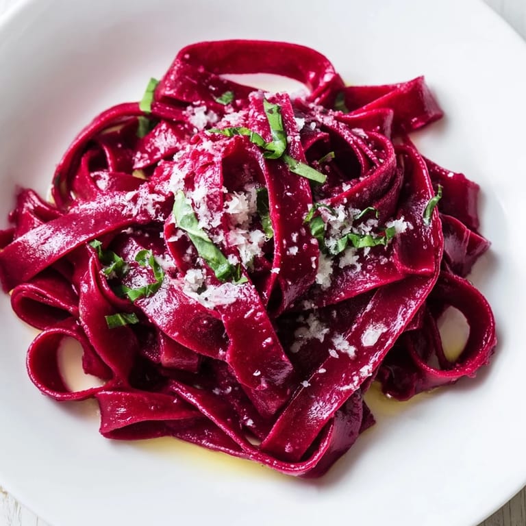 Close-up of freshly cooked Beet Noodle Pasta, showing its beautiful color and delicate texture.