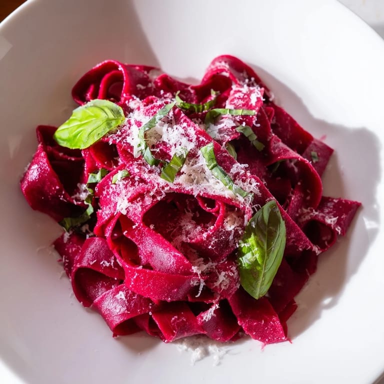 Tender Beet Noodle Pasta with a dusting of Parmesan, showcasing its earthy beet flavor.