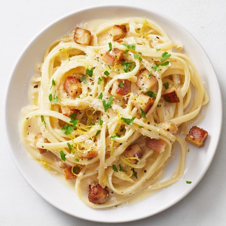 Savory Crispy Bacon Linguine glistening with olive oil and Parmesan cheese, perfect for dinner tonight.