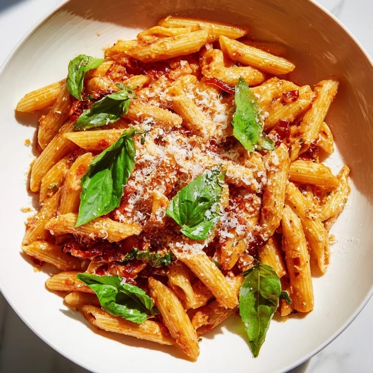 Creamy sun-dried tomato pesto coats perfectly cooked pasta for a satisfying Italian meal.