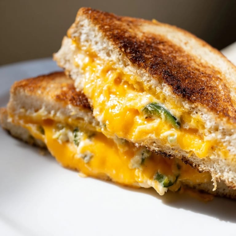 Close-up of a sliced Jalapeño Popper Grilled Cheese, revealing creamy melted cheddar and fresh jalapeños on golden sourdough.