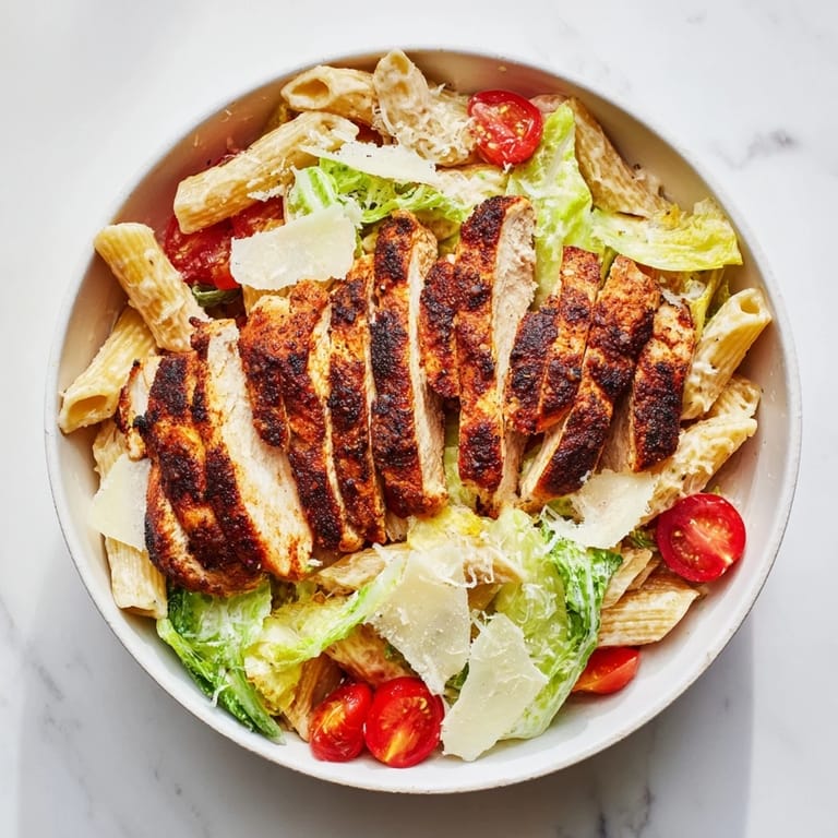 Vibrant plate of Spicy Chicken Caesar Pasta with lemon wedges and creamy Caesar dressing tossed through penne and romaine.