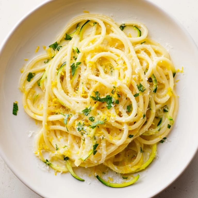 A rustic wooden table displays a serving of Lemon Zucchini Pasta, garnished with red pepper flakes and a wedge of fresh lemon for squeezing.