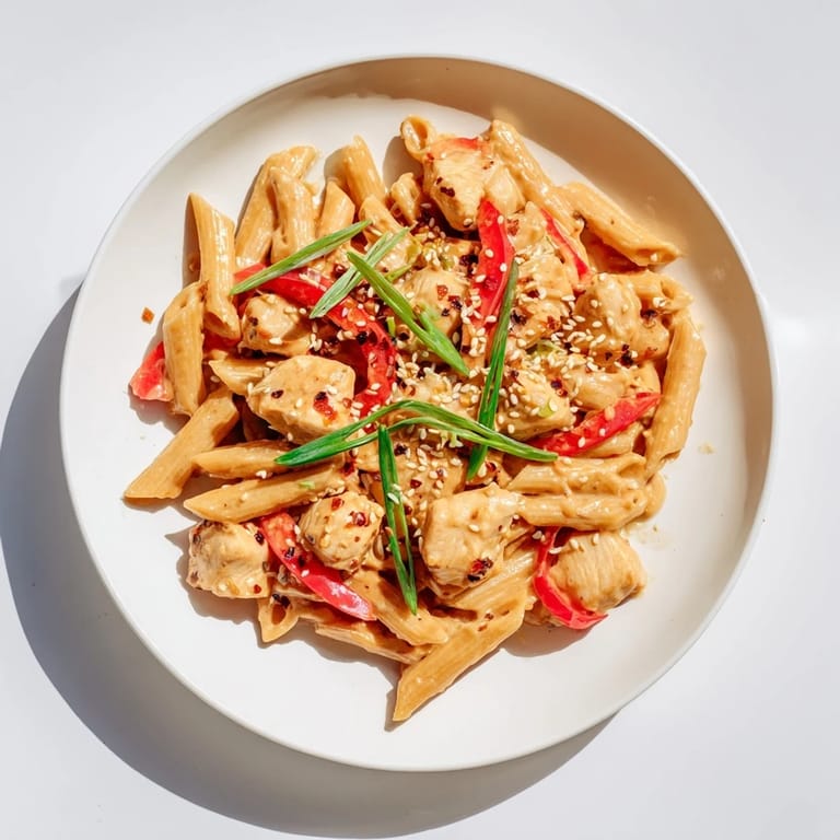 A close-up of sweet chili chicken pasta showing juicy chicken pieces, al dente noodles, and a luscious sweet chili sauce.