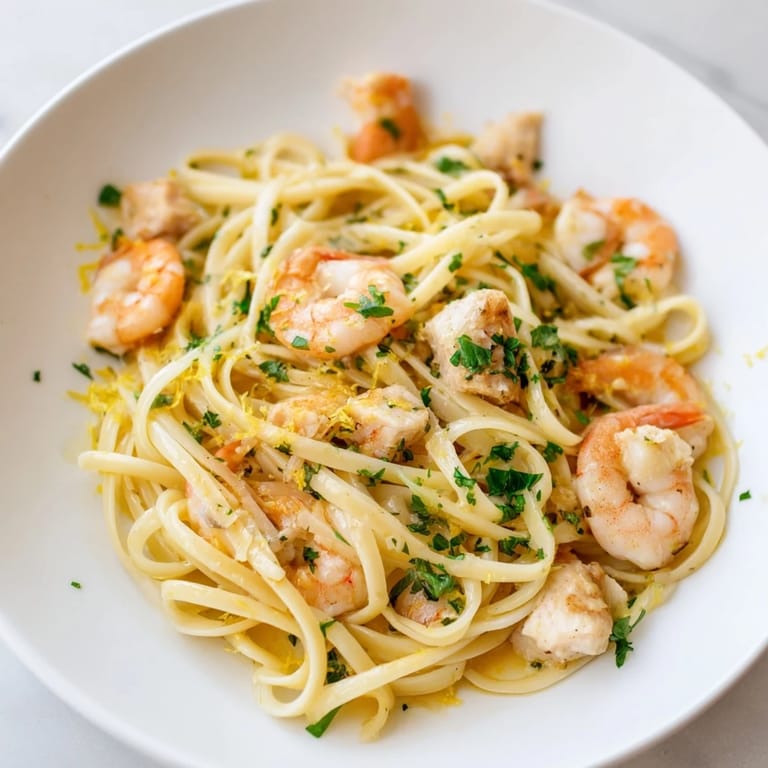 Tender chicken and succulent shrimp tossed with linguine in a vibrant lemon garlic butter sauce.