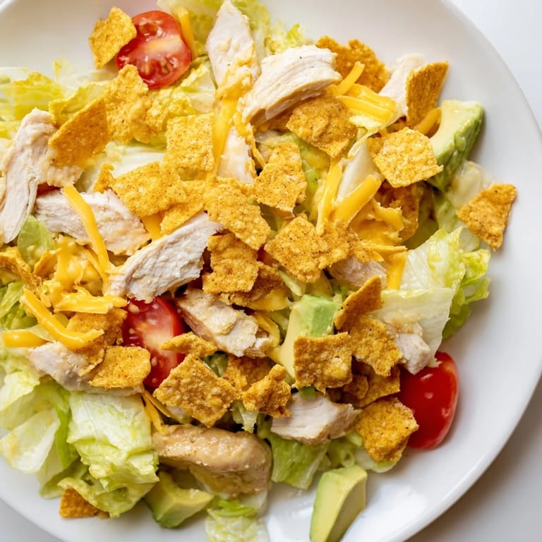 Crunchy taco chicken salad in a white bowl, topped with shredded cheddar, sliced green onions, and colorful crushed taco shell pieces.  