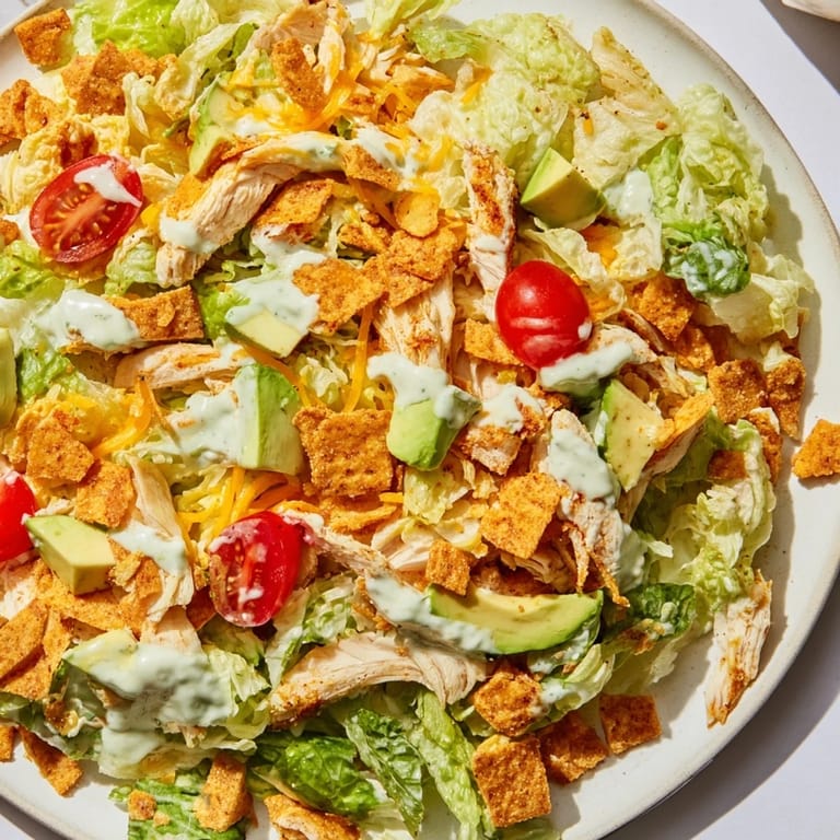 Serving suggestion for crunchy taco chicken salad, a Tex-Mex main dish with vibrant veggies and a zesty sour cream lime dressing.