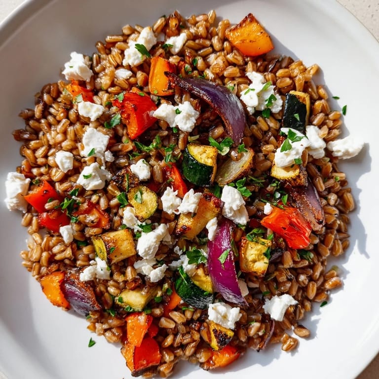 Colorful bowl of farro with roasted vegetables served warm as a main dish.