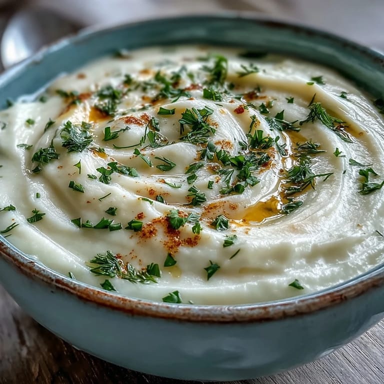 Delicious parsnip and herb soup topped with a fresh herb garnish.