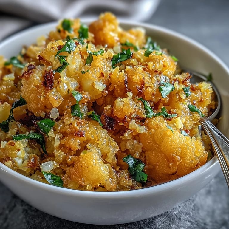 Delicious, fluffy turmeric cauliflower rice, perfectly seasoned and garnished with fresh cilantro.