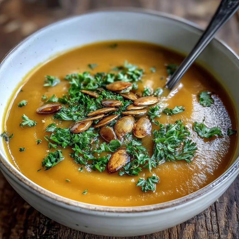 Enjoy this hearty butternut squash and apple soup, topped with seeds.