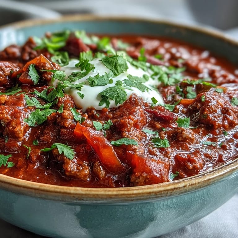 Hearty Slow Cooker Chili ladled into a bowl, garnished with cheese and green onions on a wooden table.