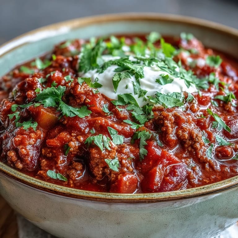 A ladle of Slow Cooker Chili over rice, with a slice of cornbread on a cozy dinner plate.