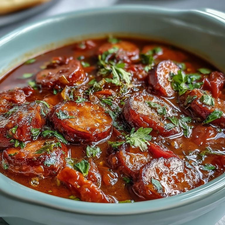 A spoon lifting savory Crock Pot BBQ Cocktail Sausage Soup with tender vegetables and bits of smoked sausage from a bowl.