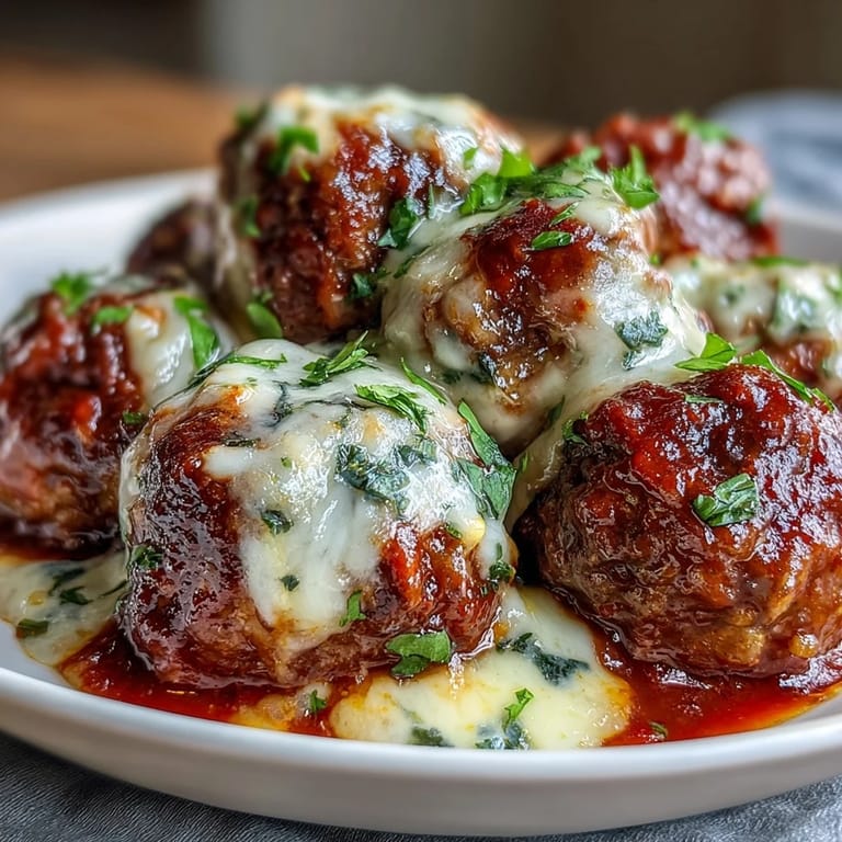 Hearty Cheesy, Garlicky Meatballs with Marinara served over gluten-free pasta with fresh basil garnish. 