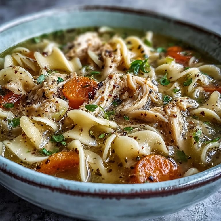 A close-up of Instant Pot Chicken Noodle Soup featuring egg noodles, diced chicken, and fresh parsley.
