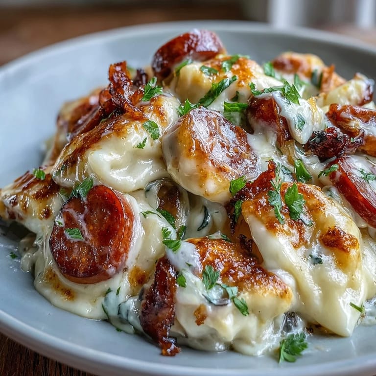 A warm serving of Crockpot Pierogi Casserole With Kielbasa pairs with crisp salad for dinner.