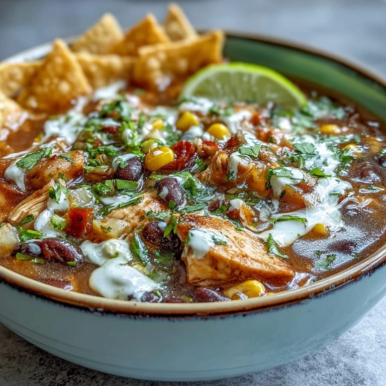 Instant Pot Chicken Tortilla Soup simmering with beans, corn, and shredded chicken for a comforting bowl.
