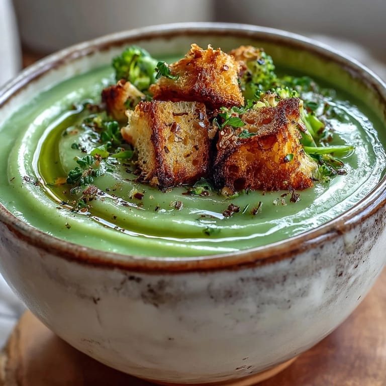 Close-up of silky smooth Cauliflower and Broccoli Soup with buttery croutons and a drizzle of olive oil.