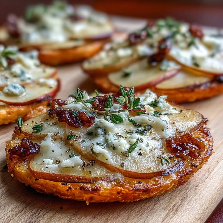 A close-up shows bubbly Gorgonzola and sliced pears on mini pizza bases.