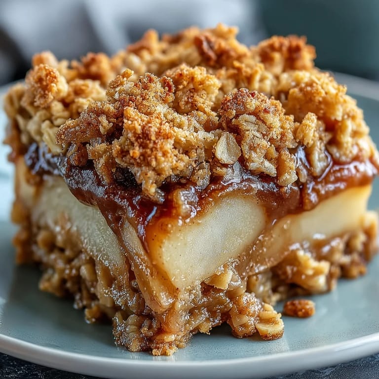 Bubbling baked pear crumble fresh from the oven, with brown sugar and cinnamon aromas.