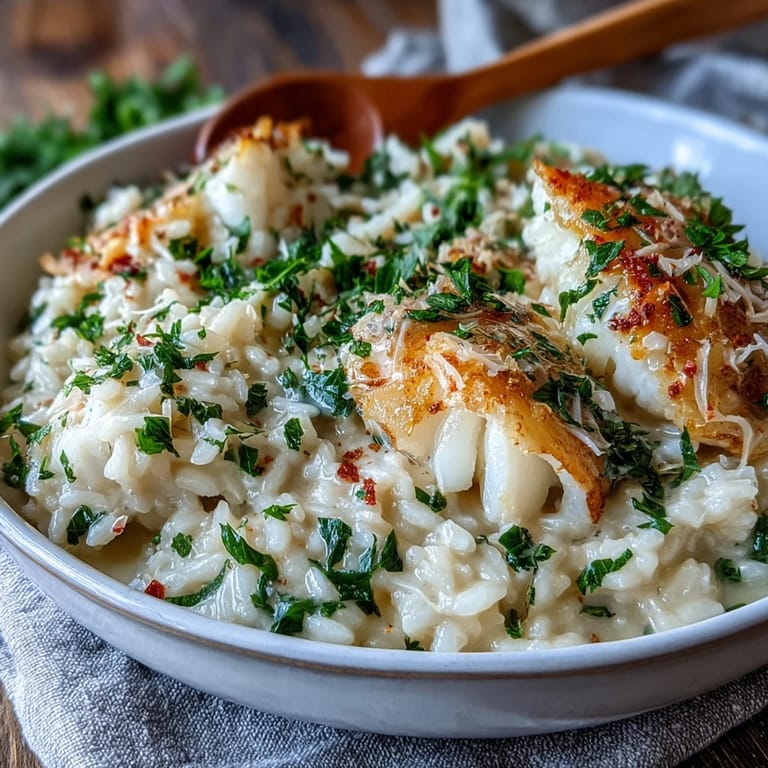Savory Smoked Haddock Risotto finished with grated Parmesan and a drizzle of olive oil on top.