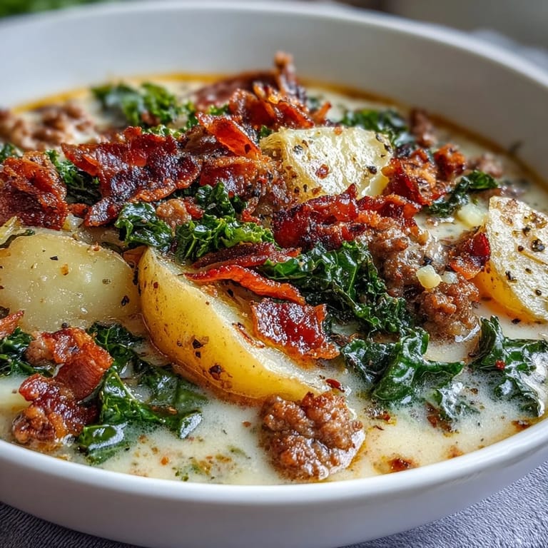 A rustic ladle of homemade Italian Sausage Soup topped with crispy bacon pieces and herbs.