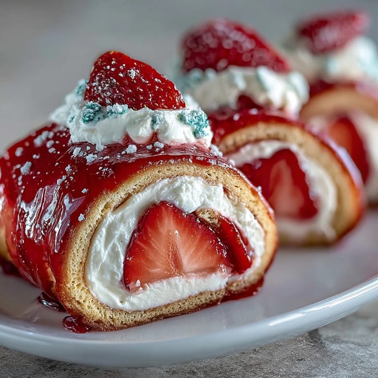 A slice of Strawberry Shortcake Sushi Roll reveals fluffy sponge cake layers and creamy filling, perfect for a whimsical afternoon tea party.