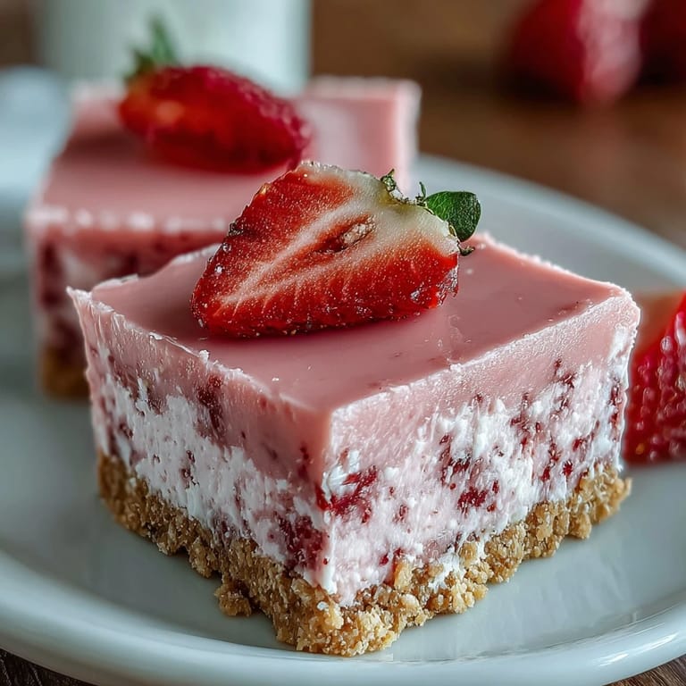 Close-up of creamy No-Bake Strawberry Fudge Squares with white chocolate texture and powdered strawberry topping.