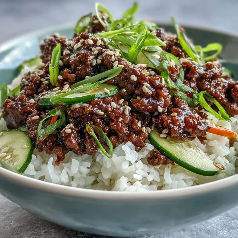 Korean Ground Beef Bowl served in a white bowl with glossy beef, pickled radish, and jasmine rice, ready to enjoy for dinner.
