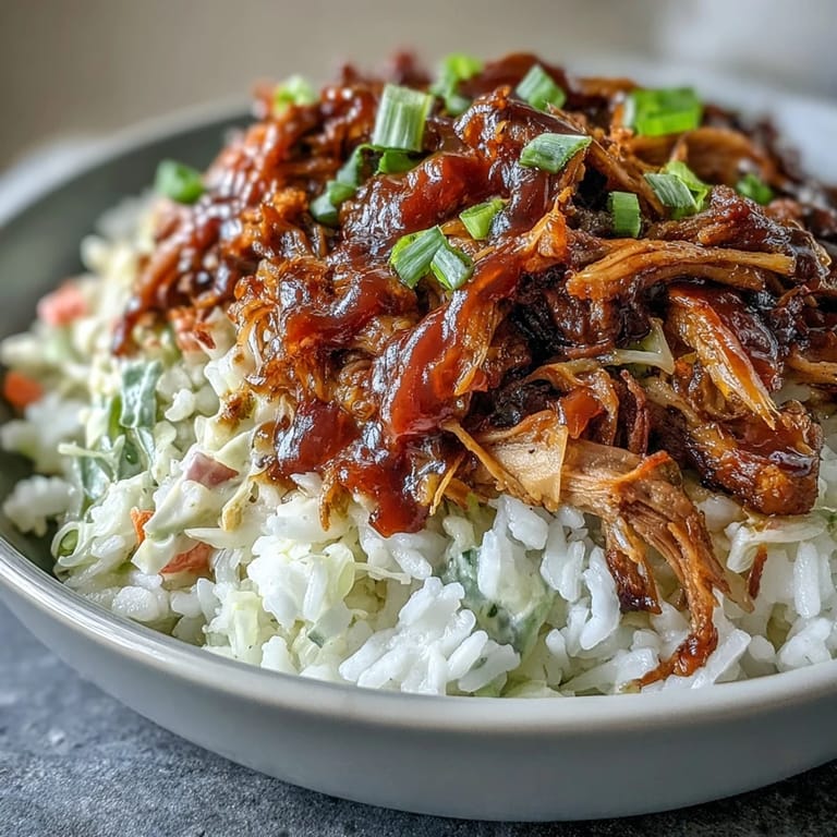 A hearty Pulled Pork Bowl with shredded pork, rice, and creamy coleslaw, topped with green onions for crunch.