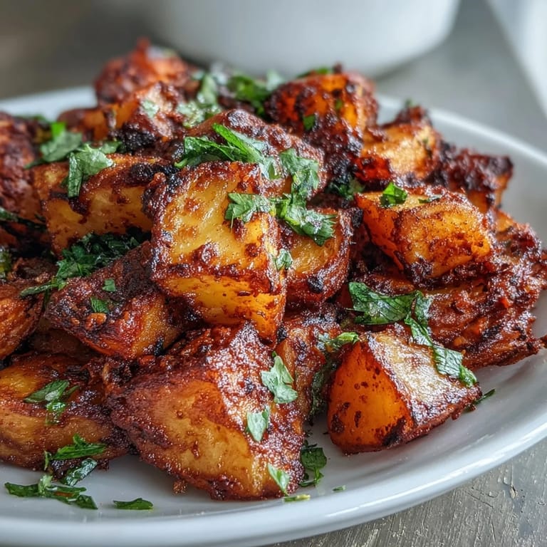 Freshly prepared Spicy Mexican-Style Street Potatoes tossed with garlic and chili spices on a plate.