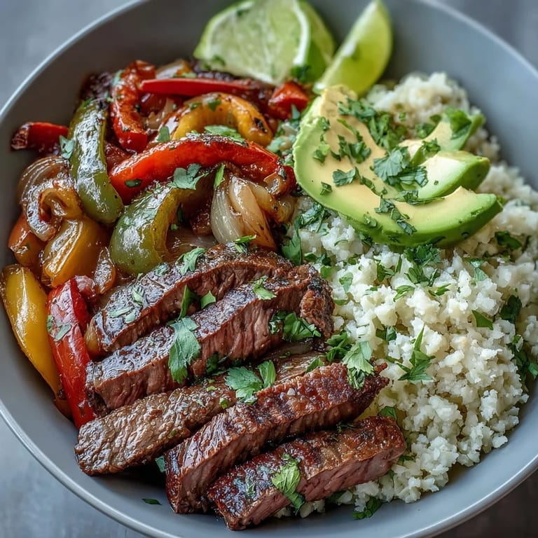 An overhead view of a healthy Steak Fajita Bowl showcasing juicy steak, sautéed bell peppers, and onions on cauliflower rice, topped with avocado slices and a dollop of sour cream.