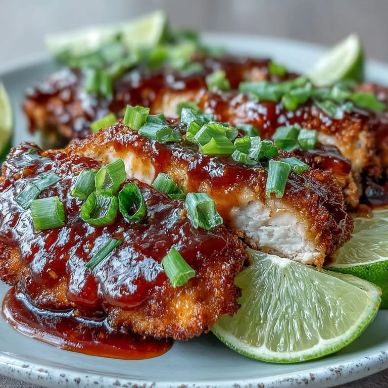 Glossy, sweet chili-glazed chicken cutlets simmered to perfection, with vibrant green onions and bright lime wedges on the side.
