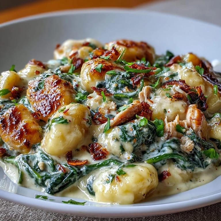 Fresh spinach wilts into the golden Creamy Spinach & Parmesan Gnocchi with Chicken, ready to be served alongside a glass of crisp white wine.